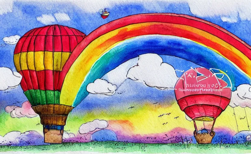 Image similar to hot air balloon flying through the sky, double rainbow, illustration by dr seuss, oh! the places you'll go, watercolor