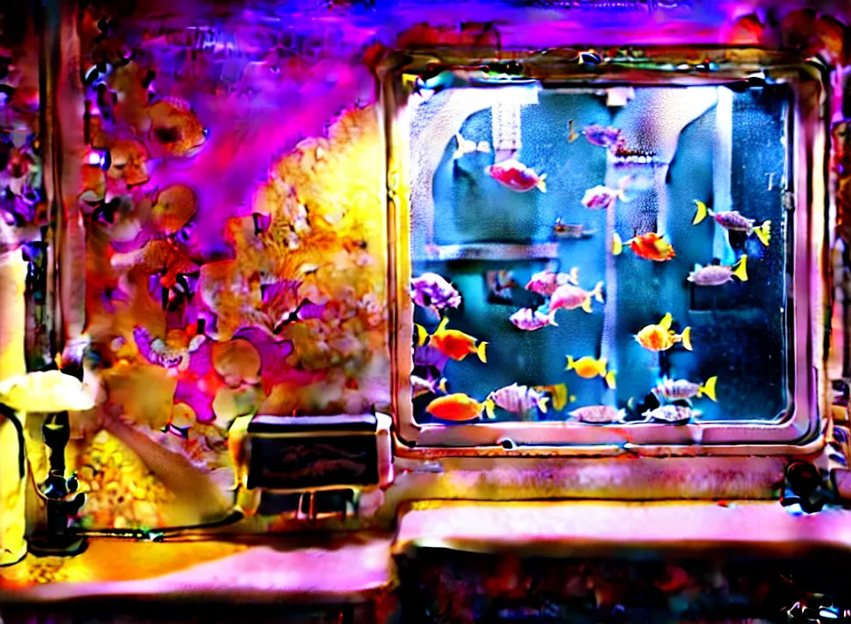 Image similar to telephoto 7 0 mm f / 2. 8 iso 2 0 0 photograph depicting the feeling of chrysalism in a cosy cluttered french sci - fi ( art nouveau ) cyberpunk apartment in a pastel dreamstate art cinema style. ( aquarium, computer screens, window ( city ), leds, lamp, ( ( ( aquarium bed ) ) ) ), ambient light.