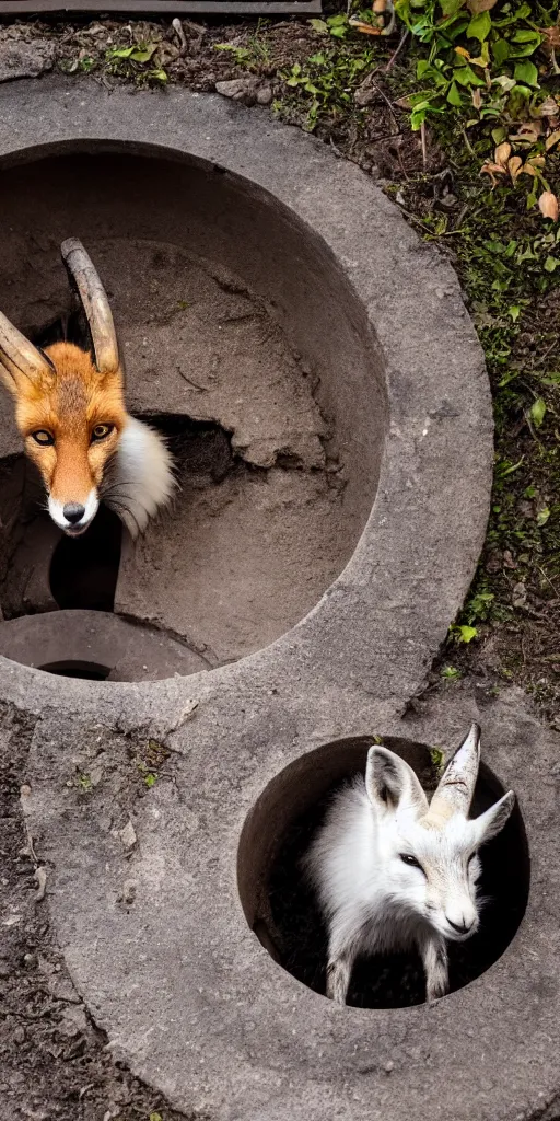 Image similar to a fox is hidden inside a manhole trying to jump out meanwhile a curious goat is looking at him from the exterior, 4k photography flash