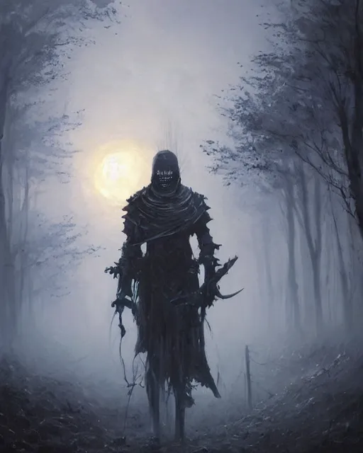 Image similar to Hyper realistic oil painting of an undead knight, knight in the foreground, fog, volumetric lighting, nighttime, moonlight, creepy, by greg rutkowski