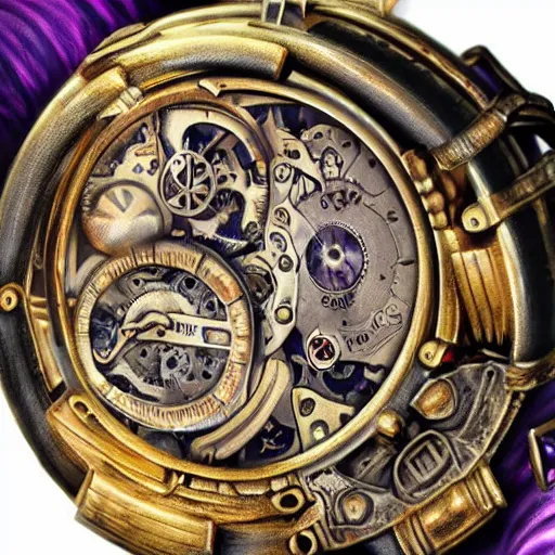 Prompt: post-apocalyptic steampunk watch, golden and purple, artstation, high detailed