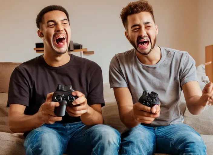 Prompt: Two buddies sitting in a room, smoking a hugh blunt and playing playstation 5, they both laugh maniacally. wideshot. 4k.