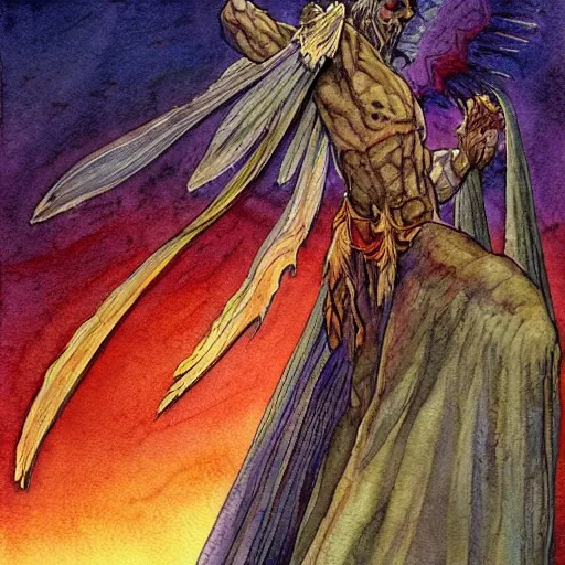 Image similar to a watercolor ink painting of a fallen demonic archangel with a broken halo wielding a jagged broken blade in the style of jean giraud in the style of moebius trending on artstation deviantart pinterest detailed realistic hd 8 k high resolution