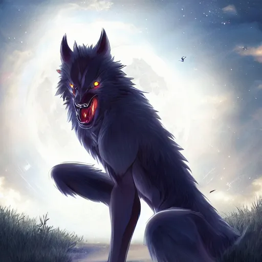 Image similar to anime! werewolf, full moon in the background, cgsociety, award - winning digital art