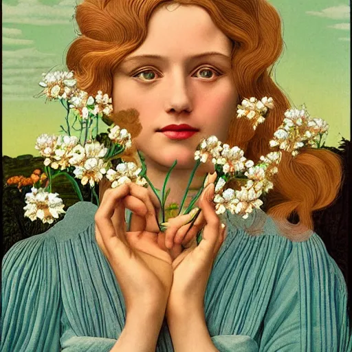 Image similar to a lot of flowers morphing in a beautiful girls face, film still by wes anderson, depicted by botticelli, limited color palette, very intricate, art nouveau, highly detailed, lights by hopper, soft pastel colors, minimalist