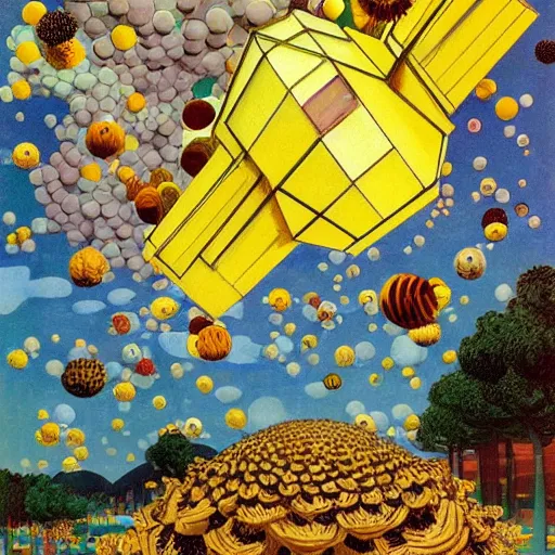 Image similar to giant cubes, spheres, bees, and pinecones fly through the air, as a tornado approaches, by takashi murakami, edward hopper, bo bartlett, wilson mclean, m. c. escher, vincent van gogh, olivia bee, and matthew willey, artstation