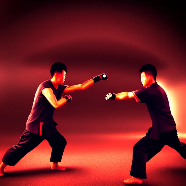 Image similar to wing chun punch streetfight, detailed wing chun form, defensive stance, shanghai, cinematic neon uplighting, fog mist smoke, photorealistic, night photography by tomino - sama