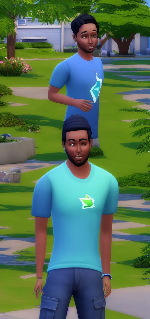 Prompt: full body image of a Sim from the Sims 4 in a blue tee shirt, green cargo pants and sneakers