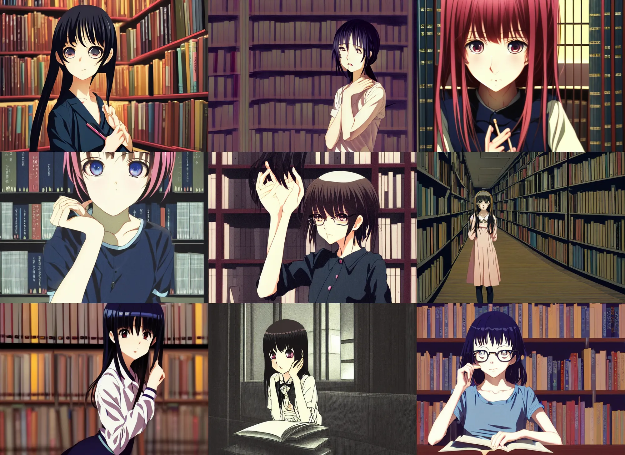Prompt: anime visual, dark portrait of a young girl at the library interior at night, low light, cute face by, yuya nagai, katsura masakazu, ilya kuvshinov, dynamic pose, dynamic perspective, anime cels, flat shading, rounded eyes, realistic proportions, dramatic, crisp and sharp, detailed facial features