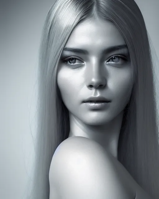 Image similar to a bw photorealistic portrait of a beautiful female translucent bio mechanical vegetal goddess with long silver hair, dreamy, elegant photorealistic, cinematic, octane render,