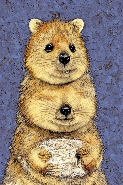 Image similar to detailed illustration, a portrait of a happy quokka on a white background, may gibbs, layered composition, layers, texture, textured, layered, sculpted, dynamic,