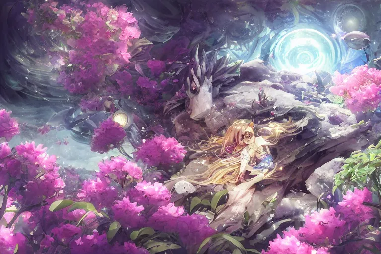 Image similar to scenes, dynamic composition, motion, ultra - detailed, incredibly detailed, a lot of details, amazing fine details and brush strokes, colorful and grayish palette, smooth, hd semirealistic anime cg concept art digital painting, watercolor oil painting of sea of flowers, in style of cytus and deemo, blue flame, relaxing, calm and mysterious vibes
