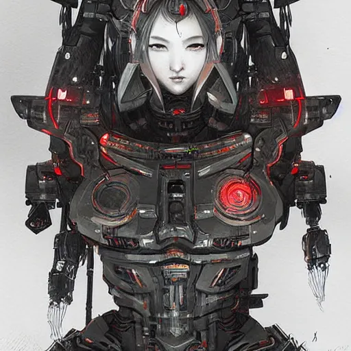 Image similar to female samurai cyborg, mech, cyberpunk, intricate details, highly detailed, concept art. Art by Nivanh Chanthara