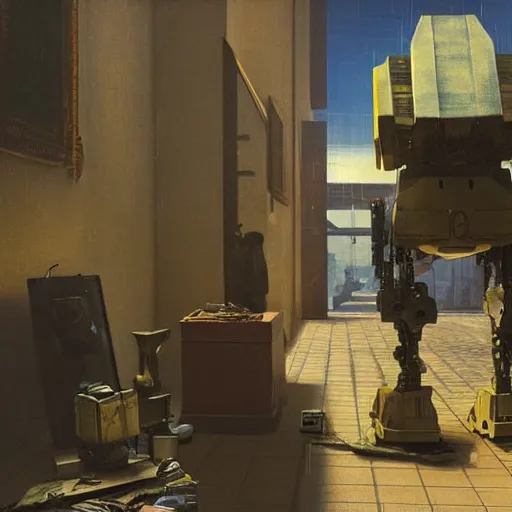 Image similar to Vermeer photographed photorealistic vfx movie cyberpunk aesthetic TOOL album holographic cover art of a giant mech warrior. 3D octane.