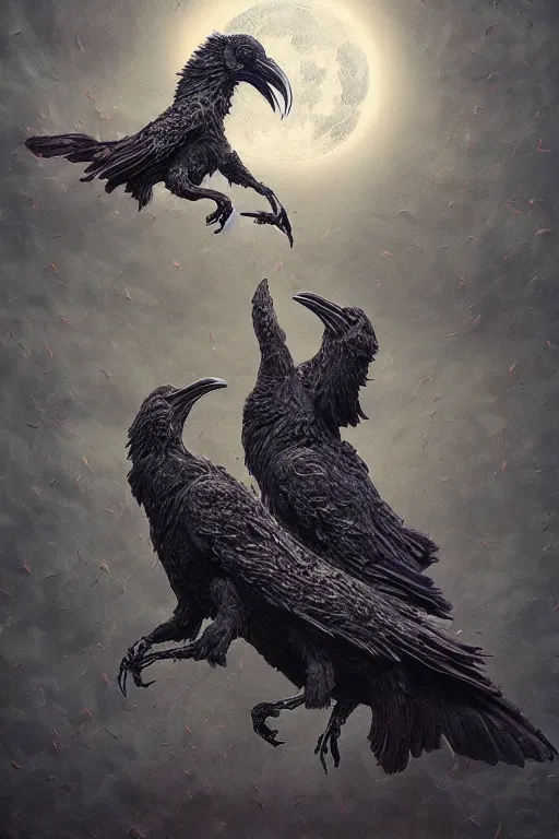 Image similar to Intricate stunning highly detailed surreal ravens by agostino arrivabene and Seb McKinnon, sculpture, ultra realistic, Horror, full moon, blood moon, thick black swirling particle smoke tornado, fire embers, trending on artstation