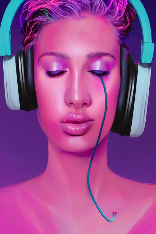 Image similar to a award winning half body portrait of a beautiful woman with stunning eyes in a croptop and cargo pants with ombre purple pink teal hairstyle listenin to music with headphones on her ears by thomas danthony, surrounded by whirling illuminated lines, outrun, vaporware, shaded flat illustration, digital art, trending on artstation, highly detailed, fine detail, intricate