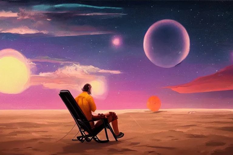 Image similar to astronaut sitting at the beach in a chair of an psychedelic alien planet watching the sunset, surreal photography, dark night, stars, moon light, impressionist painting, clouds, digital painting, artstation, simon stalenhag