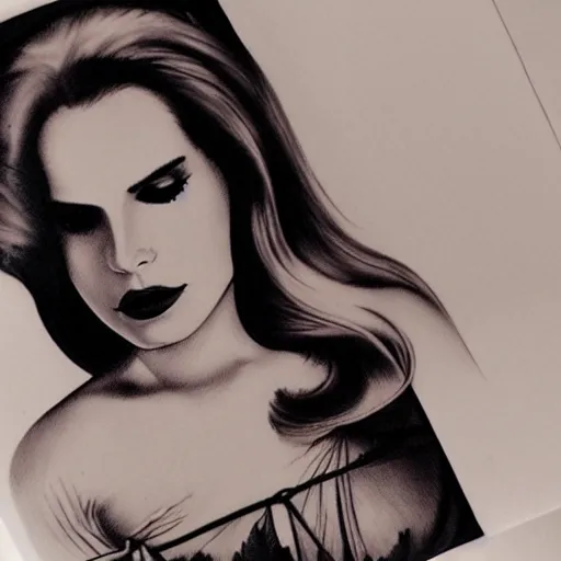 Image similar to Lana del rey tattoo design, photorealistic, dramatic