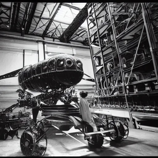 Prompt: scientists discovering an extraterrestrial vehicle in a warehouse, 1 9 2 0's sci - fi, black and white, 8 k, highly ornate intricate details, extreme detail,