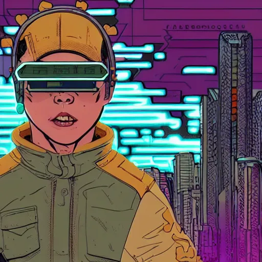 Image similar to ps2 screenshot of young cyberpunk explorer wearing futuristic headpiece, in the style of by Josan Gonzalez and Geof Darrow, highly detailed, high quality, HD, 4k, 8k, realistic, sharp, trending