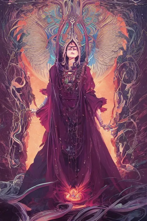 Prompt: shamanic priestess tarot card design by artgerm, tooth wu, dan mumford, beeple, wlop, rossdraws, james jean, marc simonetti, artstation giuseppe dangelico pino and michael garmash and rob rey and greg manchess and huang guangjian and makoto shinkai