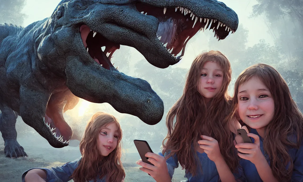 Image similar to portrait of a girl making selfie with her beloved tyrannosaurus, high detail, raytracing, back light, digital art, raymarching, by zdenek burian