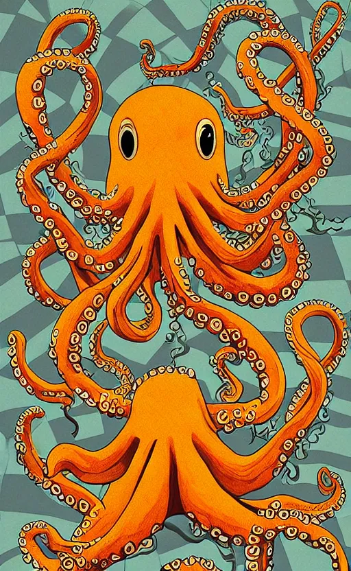 Image similar to highly detailed illustration of octopus eating a cheeseburger, concert poster, symmetrical, 8 k, trending, vintage