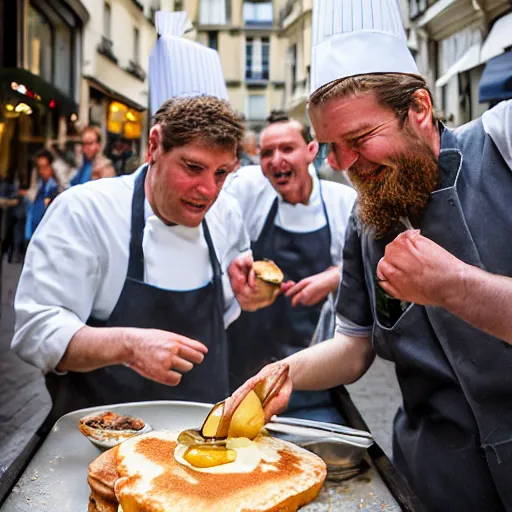 Image similar to closeup portrait of dutch chefs impressing the French people with superior pancakes in a street in Paris, by Steve McCurry and David Lazar, natural light, detailed face, CANON Eos C300, ƒ1.8, 35mm, 8K, medium-format print