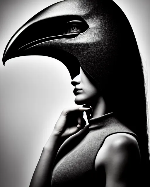 Prompt: a profile portrait, a stunning young woman - cyborg with a mutant crow head, editorial photography, bw, shot on 7 0 mm, depth of field, f / 2. 8, high contrast, 1 6 k, volumetric lighting, shiny, insanely detailed and intricate, hypermaximalist, elegant, ornate, hyper realistic, super detailed