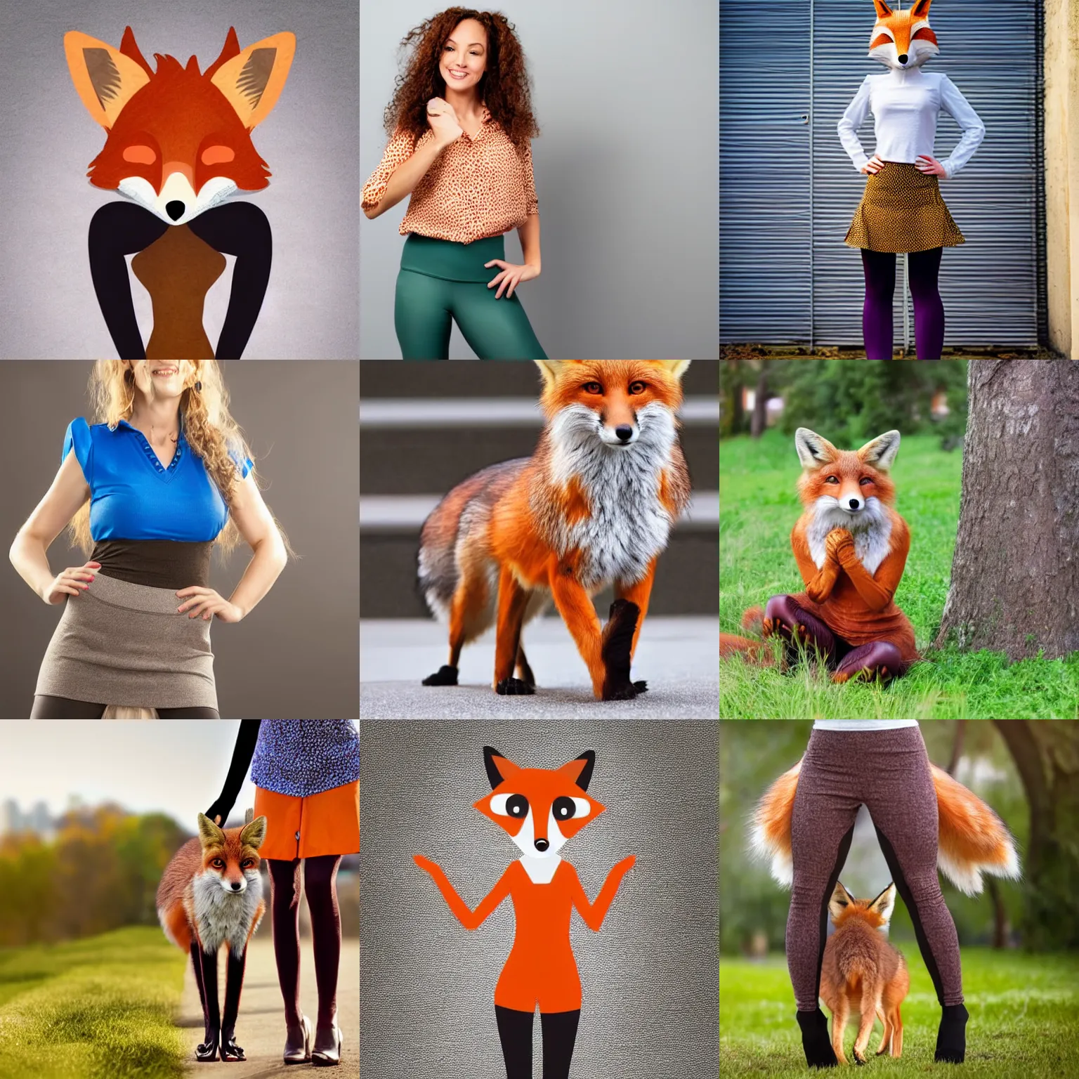 Prompt: shutterstock stock photo of an anthropomorphic fox wearing leggings, a skirt, and a blouse