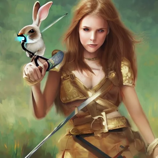 Image similar to digital art of a girl holding a sword fighting a bunny, detailed, beautiful scenery, detailed