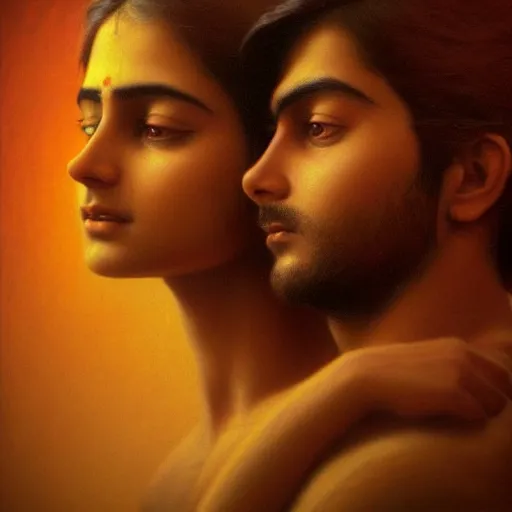 Image similar to perfectly - centered movie promotional poster - photograph of a young indian guy and a beautiful girl side profile faces symmetrical ; real life portrait by beksinski and jean delville, romantic theme, two lovers sharing one heart, unreal engine 5, photorealism, hd quality, 8 k resolution, cinema 4 d, hdr dramatic lighting ; symmetrical, cinematic, high coherence