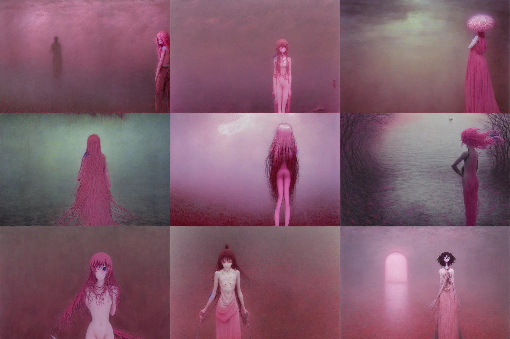 Prompt: gloomy eerie photo of utena tenjou. pink anime girl. zdislaw beksinski, yoshitaka amano, creepy, horror, beautiful painting by claude monet 8 k