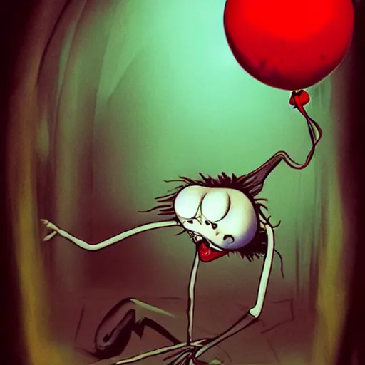 Prompt: grunge painting of bugs bunny with a wide smile and a red balloon by tim burton, loony toons style, pennywise style, corpse bride style, rick and morty style, creepy lighting, horror theme, detailed, elegant, intricate, conceptual