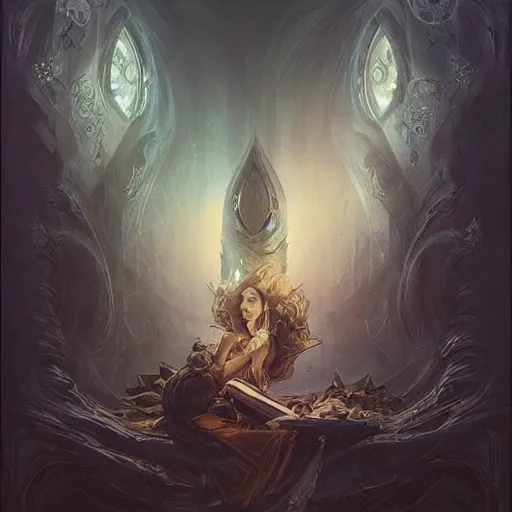 Image similar to “an eldritch book with a pocket dimension inside of it, D&D, fantasy, intricate, cinematic lighting, highly detailed, digital painting, artstation, concept art, smooth, sharp focus, illustration, art by Artgerm and Greg Rutkowski and Alphonse Mucha”