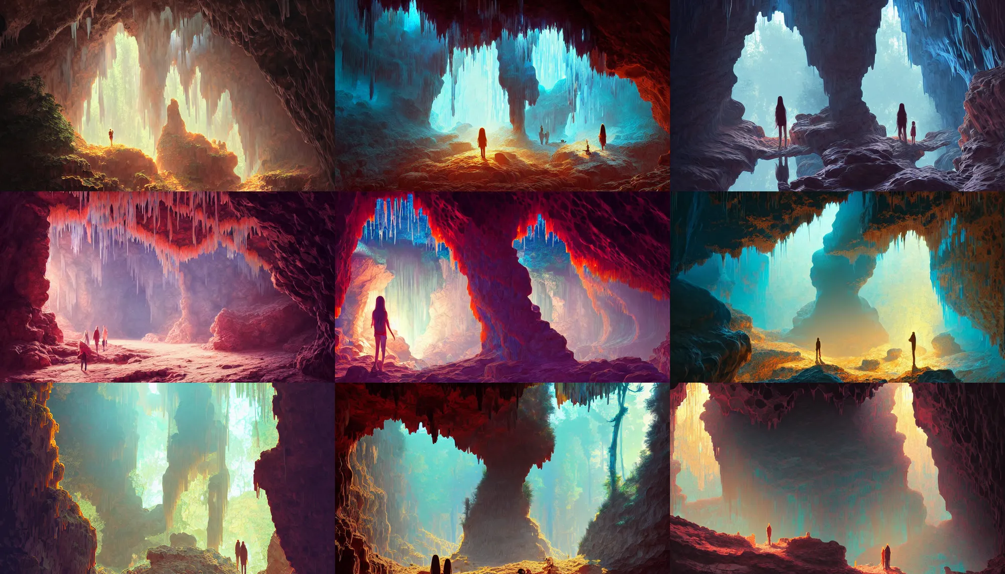 Prompt: inside a natural cave with stalactites, path traced, highly detailed, high quality, digital painting, alena aenami, lilia alvarado, shinji aramaki, karol bak, alphonse mucha, tom bagshaw