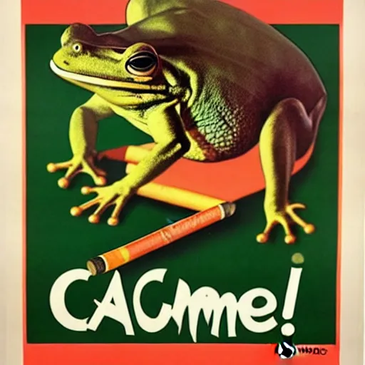 Image similar to A 1960s poster for Camel cigarettes with Camel Joe as a frog smoking a cigarette