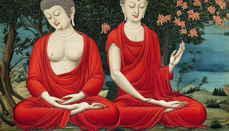 Prompt: buddha by botticelli, oil painting, classical painting, digital art, vivid colors, sharp focus, restored