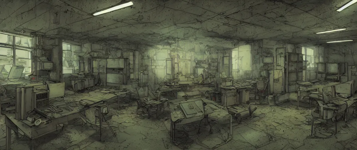 Image similar to abandoned laboroatory from cold war era, room full of cold war era computers, faded out colors place mosquet painting digital illustration hdr stylized digital illustration video game icon global illumination ray tracing advanced technology that looks like it is from borderlands and by feng zhu and loish and laurie greasley, victo ngai, andreas rocha, john harris