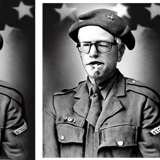 Image similar to Bernie sanders as a WW2 soldier, vintage photograph, restored photo