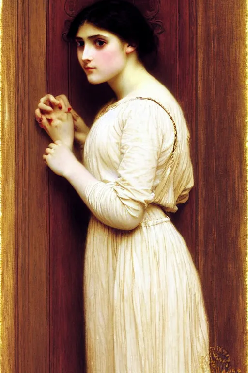 Image similar to girl in thought by auguste toulmouche and bouguereau, clear face, perfect detailed eyes, fireplace lighting, beautiful hands, pale skin, blonde hair, leaning on door