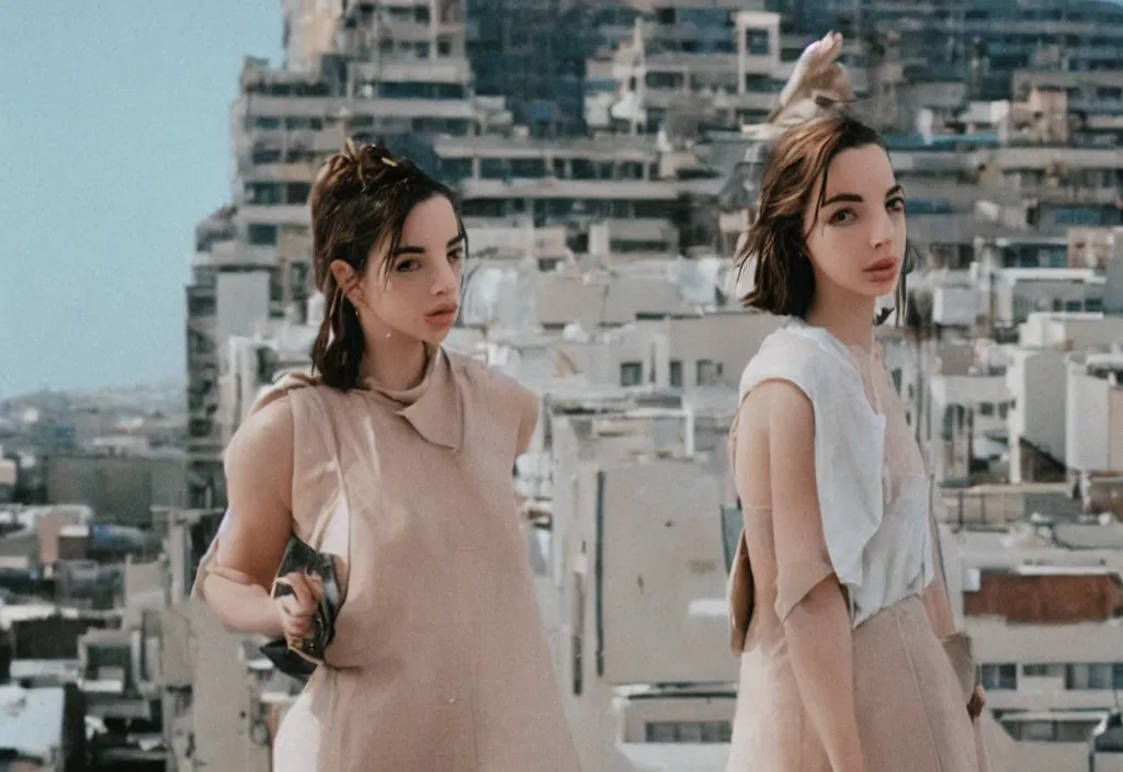 Image similar to lomo photo of adelaide kane standing on the roof of building, small town, cinestill, bokeh, out of focus