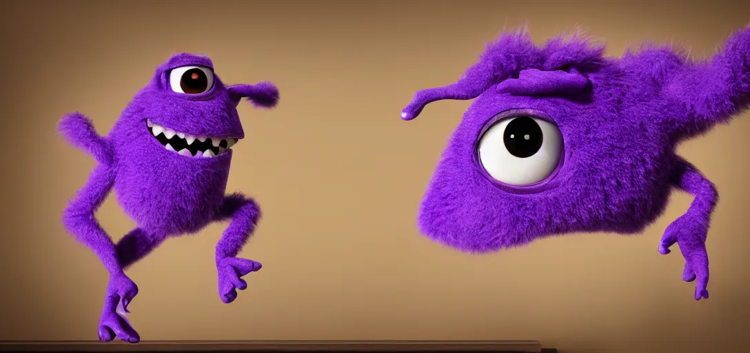 Image similar to a purple monster which is adorable, pixar, 4k, 100mm, full monster in frame