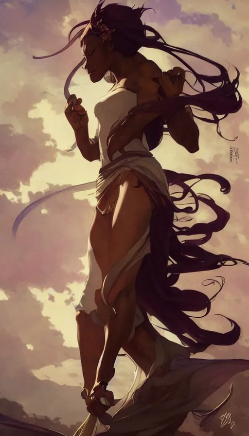 Prompt: yoruichi shihouin by artgerm, greg rutkowski and alphonse mucha, concept art, matte, intricate, full body, epic composition