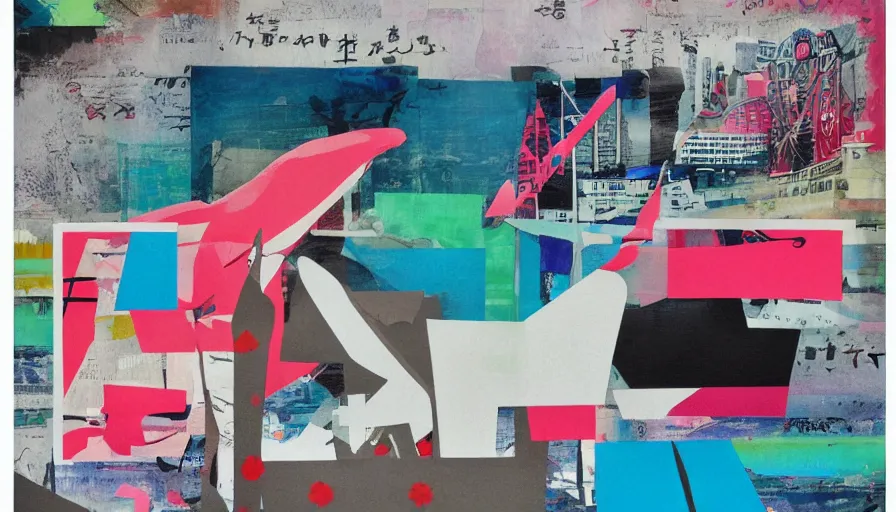 Prompt: Japan travel and adventure, minimalist negative space white acrylic base coat, mixed media collage painting by Jules Julien, Leslie David and Lisa Frank, muted colors with minimalism, neon color mixed collage cutout details