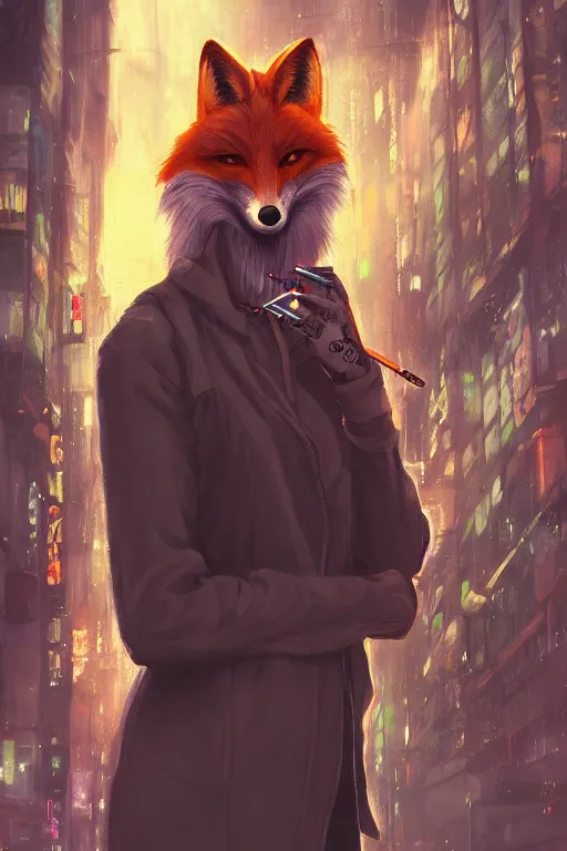 Image similar to beautiful portrait of a tall female anthro fox smoking a cigarette in a bustling crowd of a rainy city street, cyberpunk, harsh neon lights, highly detailed, sharp focus, digital painting, illustration, trending on artstation, art by sakimichan, artgerm