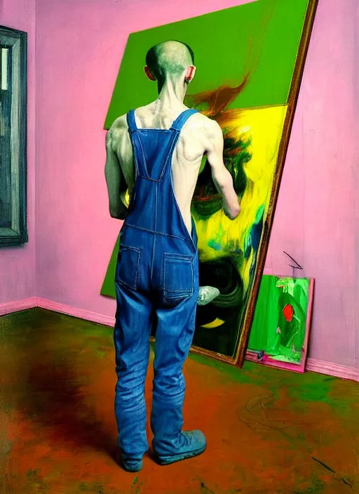 Image similar to an insane, skinny, artist wearing overalls, expressive painting the walls inside a grand messy studio, hauntingly surreal, highly detailed painting by francis bacon, edward hopper, adrian ghenie, gerhard richter, and james jean, soft light 4 k in pink, green and blue colour palette