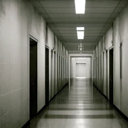 Prompt: the eerie halls of the scp foundation, unnerving mist, creatures lurking everywhere, frightening, liminal