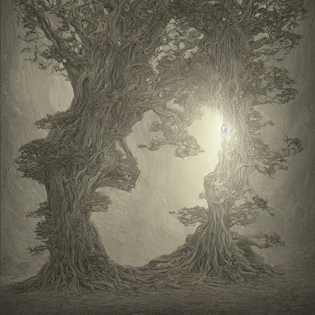 Prompt: tree of life, yggdrasil, moody lighting, by moebius, by laurie lipton