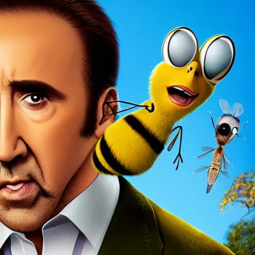 Prompt: Nicolas Cage in Bee Movie, promo poster